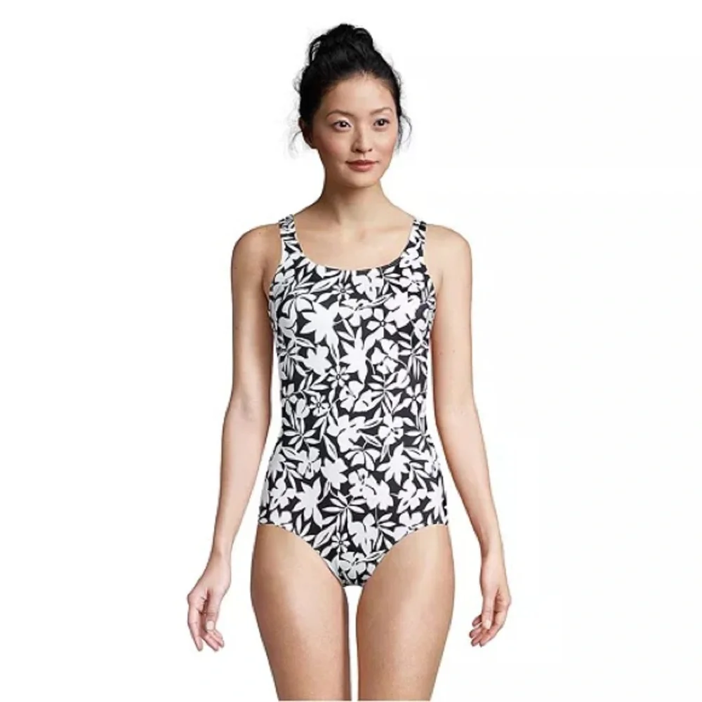 Lands End Black Havana One Piece Bathing Suit Sz. 14‎